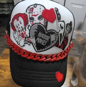 Horror Movies Themed Black and White Cap with Red Accents